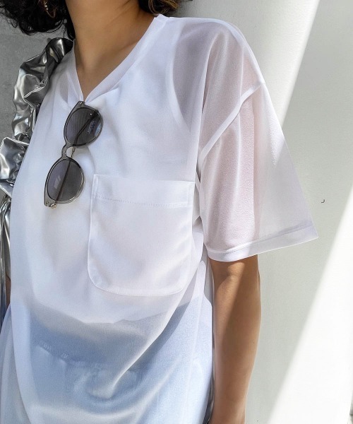 ENIM BY VICKY(エニムバイビッキー)の「ポケット付きシアーTシャツ《手洗い可能》(Tシャツ/カットソー・レディース・ホワイト/グリーン/ピンク・M)」の8枚目の写真