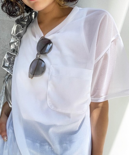 ENIM BY VICKY(エニムバイビッキー)の「ポケット付きシアーTシャツ《手洗い可能》(Tシャツ/カットソー・レディース・ホワイト/グリーン/ピンク・M)」の7枚目の写真