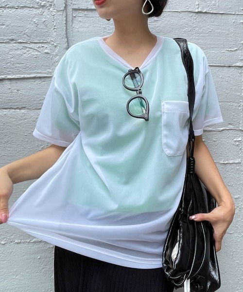 ENIM BY VICKY(エニムバイビッキー)の「ポケット付きシアーTシャツ《手洗い可能》(Tシャツ/カットソー・レディース・ホワイト/グリーン/ピンク・M)」の11枚目の写真