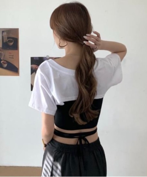 LADY LIKE(レディライク)の「クロスリボンショートキャミ2点セット(Tシャツ/カットソー・レディース・ホワイト/ブラック・M)」の7枚目の写真