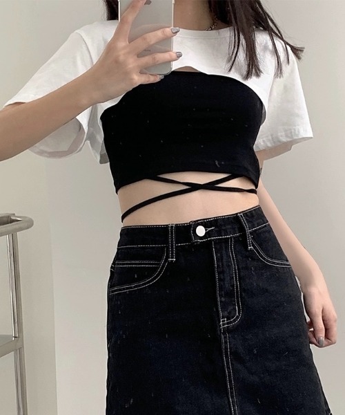 LADY LIKE(レディライク)の「クロスリボンショートキャミ2点セット(Tシャツ/カットソー・レディース・ホワイト/ブラック・M)」の8枚目の写真