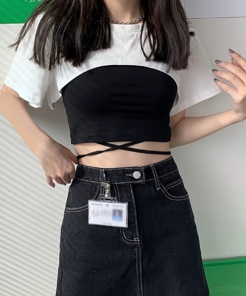 LADY LIKE(レディライク)の「クロスリボンショートキャミ2点セット(Tシャツ/カットソー・レディース・ホワイト/ブラック・M)」の10枚目の写真