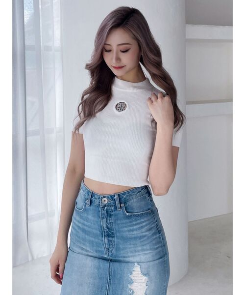 GYDA（ジェイダ）の「Square gyda MOLDハーフスリーブニットトップス（ニット/セーター・レディース・オフホワイト/ブラック・FREE）」の5枚目の写真