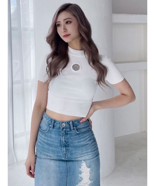 GYDA（ジェイダ）の「Square gyda MOLDハーフスリーブニットトップス（ニット/セーター・レディース・オフホワイト/ブラック・FREE）」の6枚目の写真