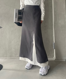 ストライプデザイン フェイクレイヤード  裾ダメージ タイトスカート