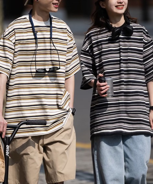 GENXDER（ノンジェンダー）の「【GENXDER】ボーダー柄ルーズフィットTシャツ (SS)（Tシャツ/カットソー・メンズ・ブラック/ホワイト・LARGE/X-LARGE/XX-LARGE）」の9枚目の写真