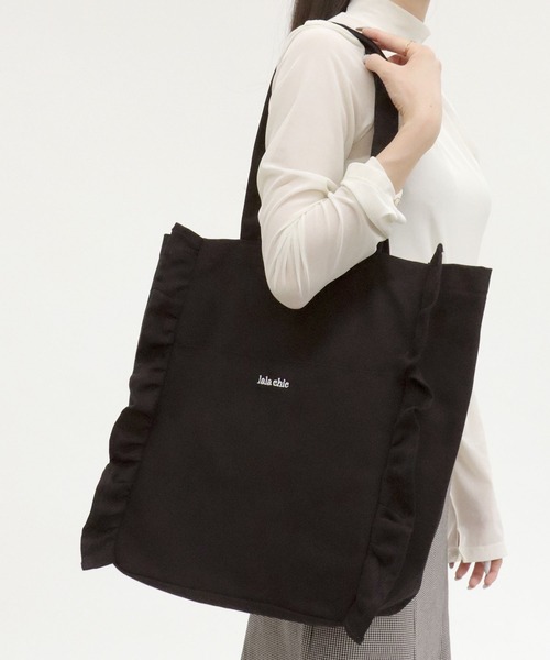 Salong hameu(サロン ハミュー)の「フリルトートバッグ/ワンポイントロゴ刺繍キャンバストート レディース(トートバッグ・レディース・グレー系その他/ブラック/ピンク・FREE)」の6枚目の写真