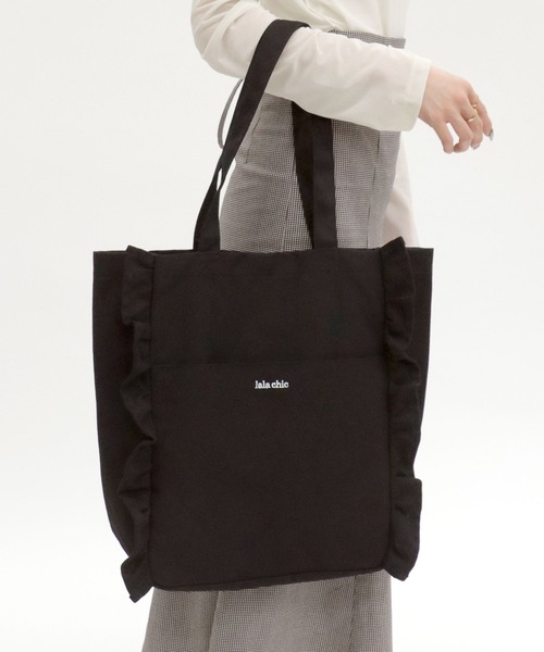 Salong hameu(サロン ハミュー)の「フリルトートバッグ/ワンポイントロゴ刺繍キャンバストート レディース(トートバッグ・レディース・グレー系その他/ブラック/ピンク・FREE)」の7枚目の写真