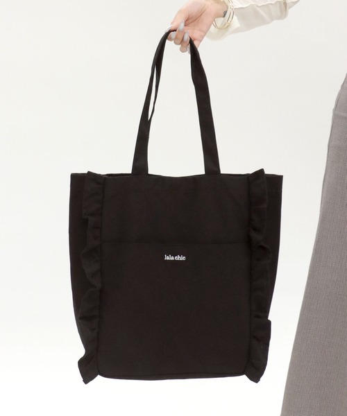 Salong hameu(サロン ハミュー)の「フリルトートバッグ/ワンポイントロゴ刺繍キャンバストート レディース(トートバッグ・レディース・グレー系その他/ブラック/ピンク・FREE)」の5枚目の写真