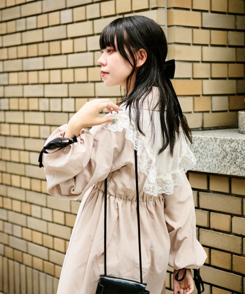 Laura's Doll付け袖付ワンピース + ボンネットセット セール】【クティールとレトロ】2WAYレース付け襟付きリボンワンピース