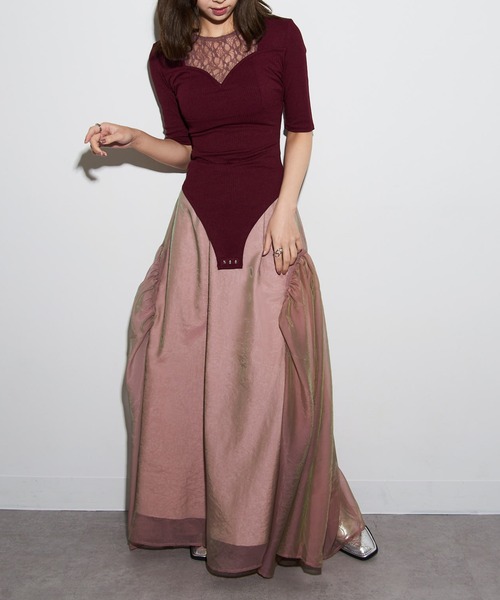 MAISON BREEZE reveur（メゾンブリーズレヴール）の「【MAISON BREEZE reveur】オーガンジーギャザーフレアースカート trc（スカート・レディース・ブラック/レッド/キャメル/グレイッシュベージュ/ピンク・FREE）」の4枚目の写真