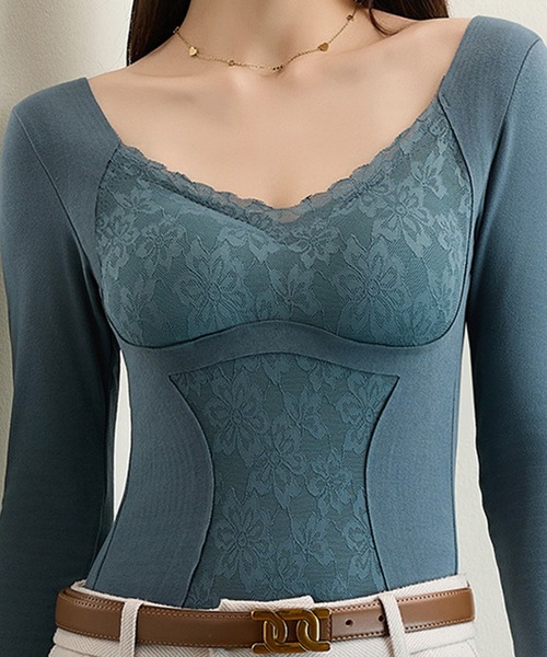 Lace Ladies(レースレディース)の「Uネック レース ドッキング 長袖 補正 インナー(インナーウェア/肌着・レディース・モカ/ピンク/ブラック/ブルー・M/L/XL)」の4枚目の写真