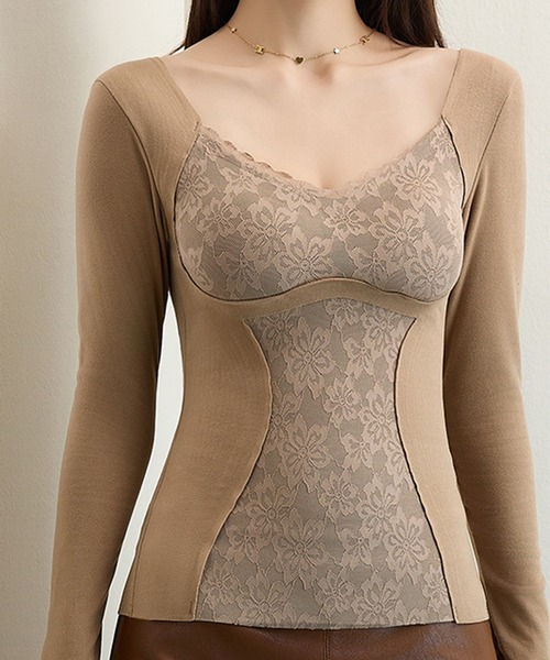 Lace Ladies(レースレディース)の「Uネック レース ドッキング 長袖 補正 インナー(インナーウェア/肌着・レディース・モカ/ピンク/ブラック/ブルー・M/L/XL)」の3枚目の写真