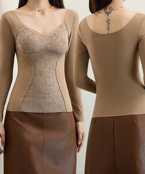 Lace Ladies(レースレディース)の「Uネック レース ドッキング 長袖 補正 インナー(インナーウェア/肌着・レディース・モカ/ピンク/ブラック/ブルー・M/L/XL)」の5枚目の写真