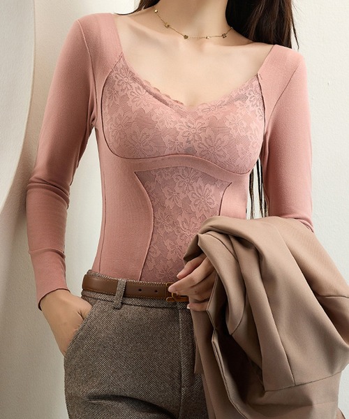 Lace Ladies(レースレディース)の「Uネック レース ドッキング 長袖 補正 インナー(インナーウェア/肌着・レディース・モカ/ピンク/ブラック/ブルー・M/L/XL)」の7枚目の写真