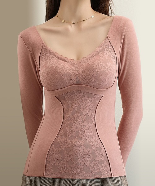 Lace Ladies(レースレディース)の「Uネック レース ドッキング 長袖 補正 インナー(インナーウェア/肌着・レディース・モカ/ピンク/ブラック/ブルー・M/L/XL)」の8枚目の写真