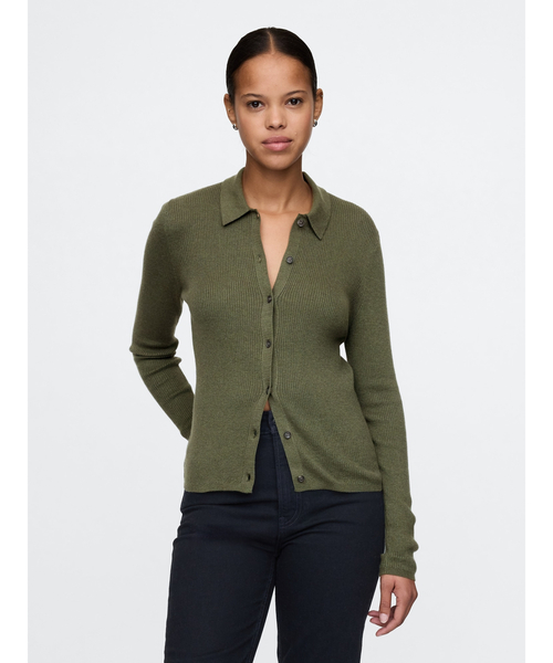 GAP(ギャップ)の「CashSoft カシミヤタッチ リブ ポロカーディガン(カーディガン/ボレロ・レディース・ブラック/ブルー/ライトグレー/グリーン・XS/S/L/M/XL/XXS)」の1枚目の写真