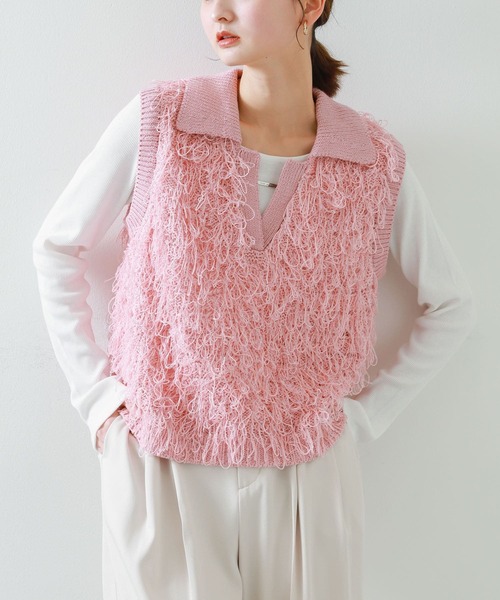 SENSE OF PLACE by URBAN RESEARCH（センスオブプレイスバイアーバンリサーチ）の「ループヤーンニットベスト（ベスト・レディース・アイボリー/ブラック/ライトピンク・ONE）」の3枚目の写真