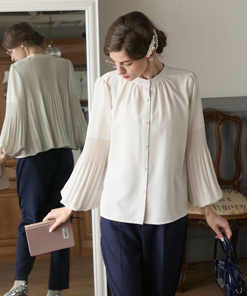 BONLECILL noir】2wayプリーツバルーンスリーブバンドカラーブラウス