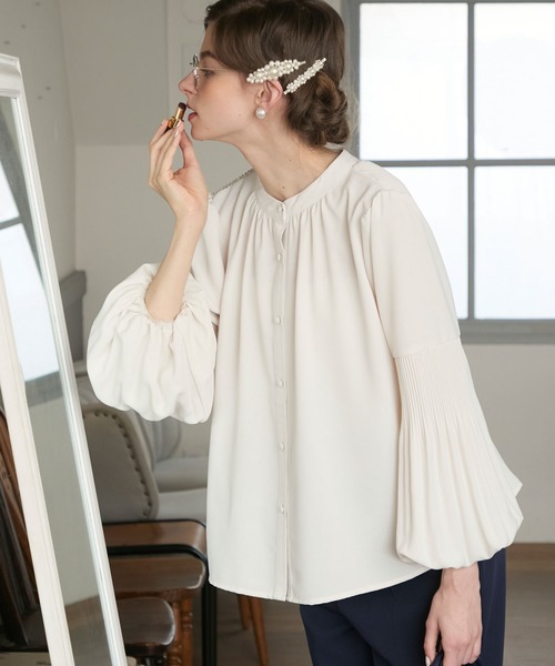 BONLECILL noir】2wayプリーツバルーンスリーブバンドカラーブラウス