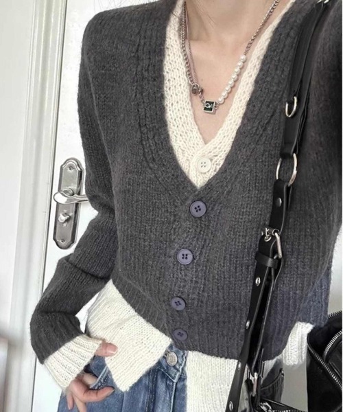 Per sist ence（パーシエンス）の「配色レイヤード/ショートニットカーディガン（カーディガン/ボレロ・レディース・チャコールグレー/ベージュ/パープル/ブラウン・FREE）」の5枚目の写真