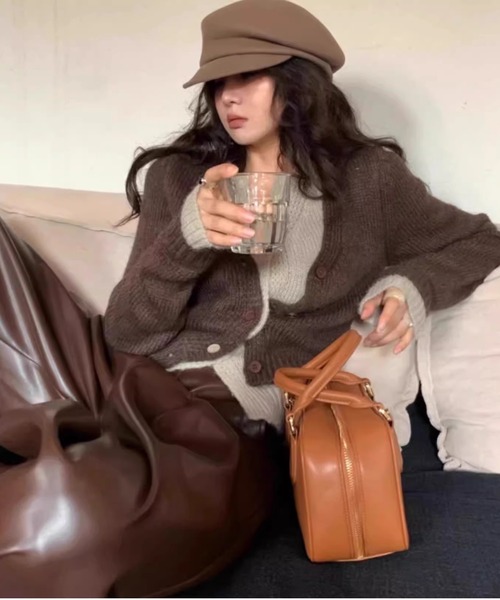 Per sist ence（パーシエンス）の「配色レイヤード/ショートニットカーディガン（カーディガン/ボレロ・レディース・チャコールグレー/ベージュ/パープル/ブラウン・FREE）」の6枚目の写真