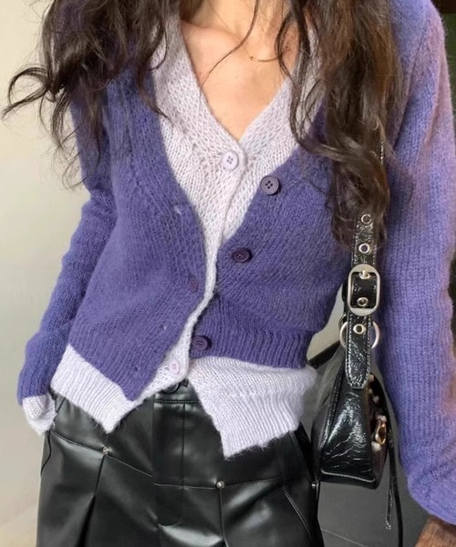 Per sist ence（パーシエンス）の「配色レイヤード/ショートニットカーディガン（カーディガン/ボレロ・レディース・チャコールグレー/ベージュ/パープル/ブラウン・FREE）」の8枚目の写真