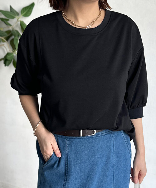 Chez toi(シェトワ)の「ポンチ×リブ切替プルオーバー(Tシャツ/カットソー・レディース・ブラック/イエロー/オフホワイト/グレー・FREE)」の3枚目の写真