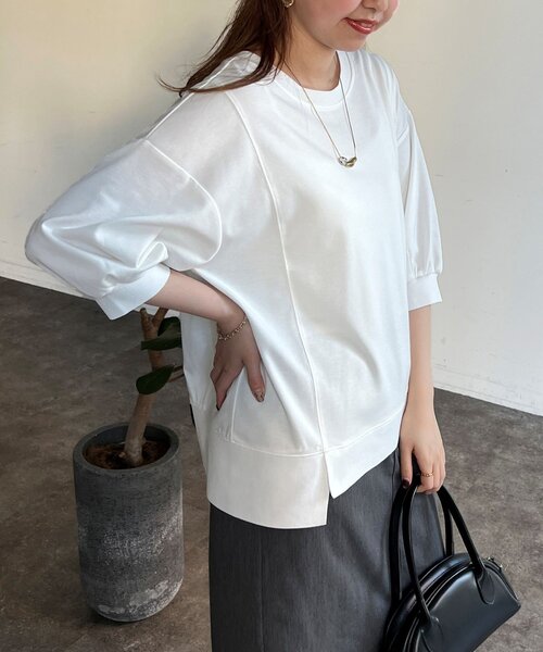 Chez toi(シェトワ)の「ポンチ×リブ切替プルオーバー(Tシャツ/カットソー・レディース・ブラック/イエロー/オフホワイト/グレー・FREE)」の9枚目の写真