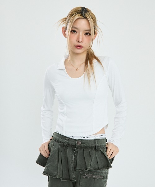 セール】襟付きクロップドトップス（Tシャツ/カットソー）｜Clum