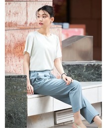 【ウォッシャブル】WALK PLUS シンプルタック テーパードパンツ 麻調メッシュ素材 無地 春夏