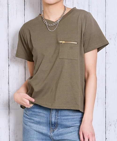 GORGE(ゴージ)の「《ZIP付きポケT》Vネックカットソー/こなれ感プラス(Tシャツ/カットソー・レディース・カーキ/ブラック/チャコール/ライトグレー/オフホワイト・F)」の5枚目の写真