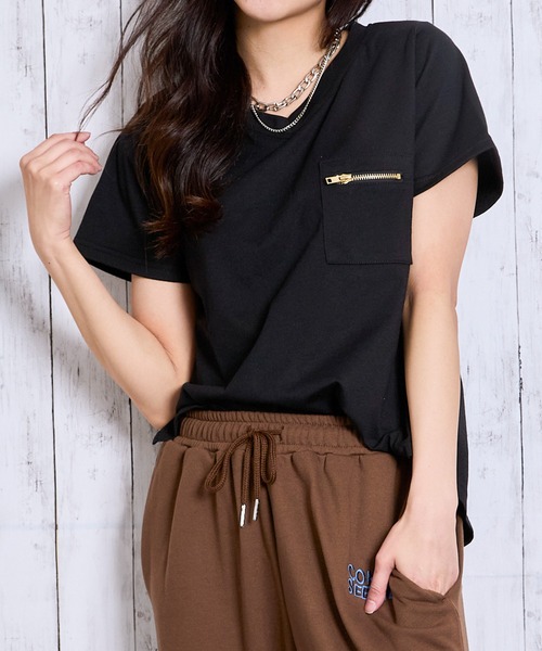 GORGE(ゴージ)の「《ZIP付きポケT》Vネックカットソー/こなれ感プラス(Tシャツ/カットソー・レディース・カーキ/ブラック/チャコール/ライトグレー/オフホワイト・F)」の3枚目の写真