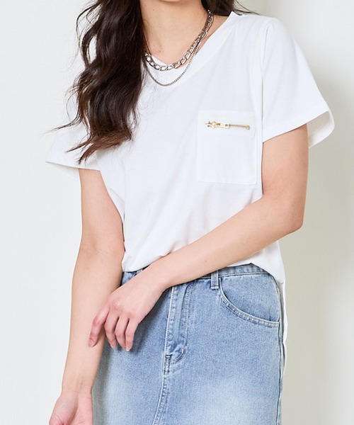 GORGE(ゴージ)の「《ZIP付きポケT》Vネックカットソー/こなれ感プラス(Tシャツ/カットソー・レディース・カーキ/ブラック/チャコール/ライトグレー/オフホワイト・F)」の17枚目の写真