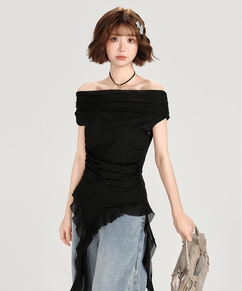 tシャツ オフショルダー サイドギャザー フリルヘムトップス GH25s076「Girlyhalo」 レディース セール】オフショルダー サイドギャザー フリルヘムトップス