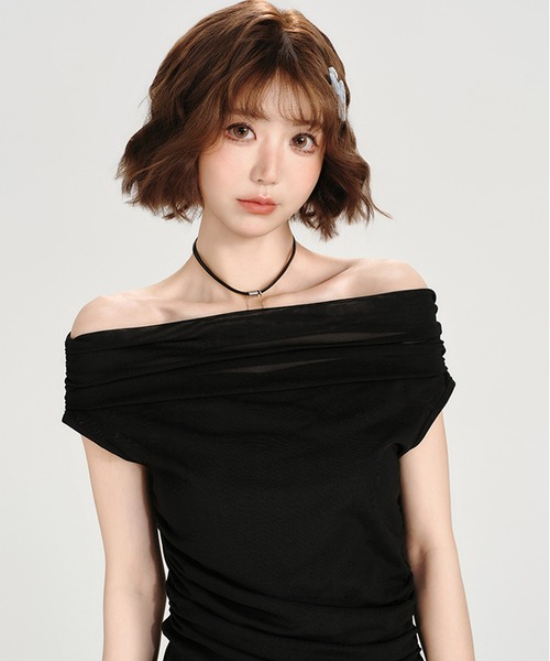tシャツ オフショルダー サイドギャザー フリルヘムトップス GH25s076「Girlyhalo」 レディース セール】オフショルダー サイドギャザー フリルヘムトップス