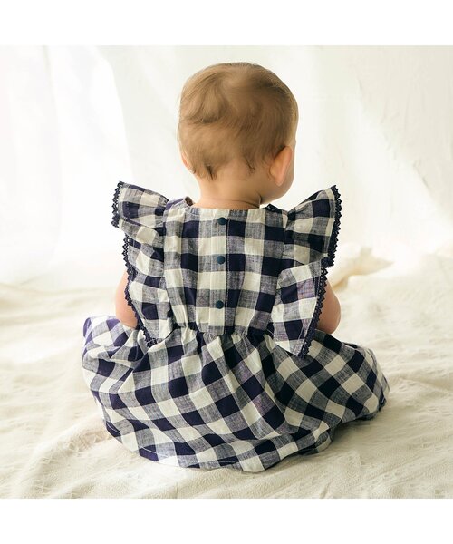 apres les cours（アプレレクール）の「【リンク】ヨーク刺繍チェックロンパス（ロンパース・キッズ・ネイビー/イエロー・70/80）」の4枚目の写真