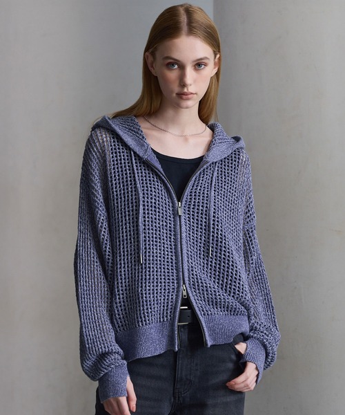 CLEL】Watermark Knitting Mesh Zip Parka/透かし編み メッシュジップ