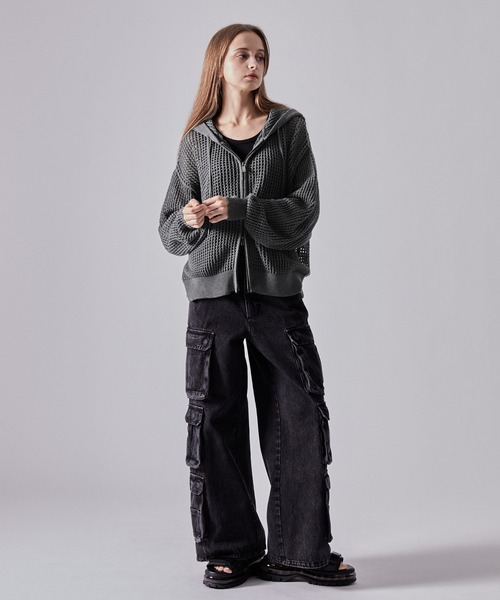 clel 透かし編み メッシュ ジップ パーカー ブラック s CLEL】Watermark Knitting Mesh Zip Parka/透かし編み メッシュ