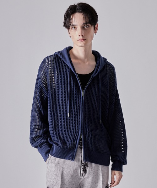 CLEL】Watermark Knitting Mesh Zip Parka/透かし編み メッシュ