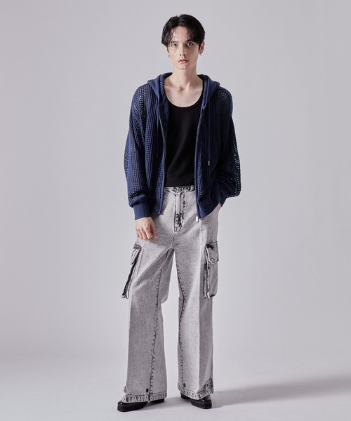 CLEL】Watermark Knitting Mesh Zip Parka/透かし編み メッシュ