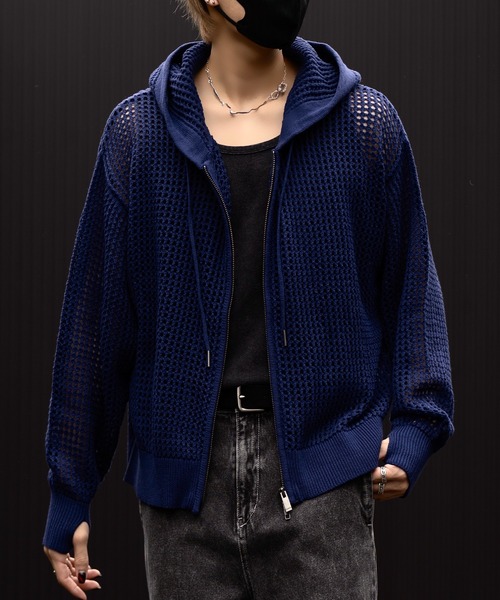 CLEL】Watermark Knitting Mesh Zip Parka/透かし編み メッシュ