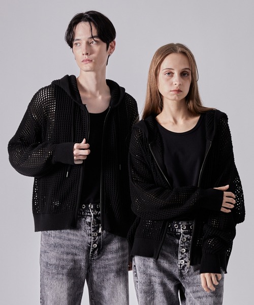 CLEL　透かし編み メッシュジップパーカー　Mサイズ　ブラック CLEL】Watermark Knitting Mesh Zip Parka/透かし編み メッシュ