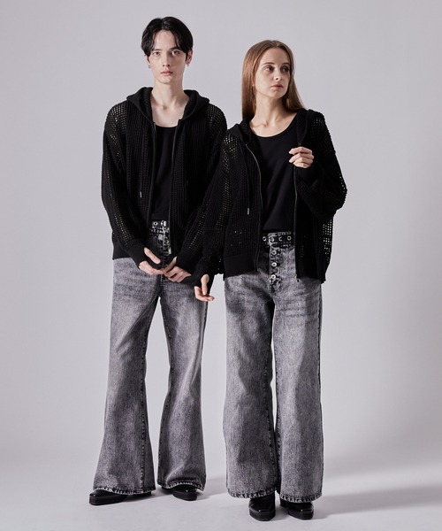 CLEL クレイル　透かし編みメッシュジップパーカー ブラック s CLEL】Watermark Knitting Mesh Zip Parka/透かし編み メッシュ
