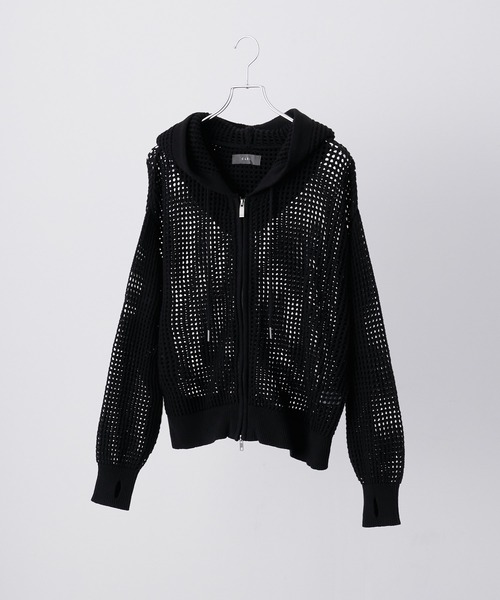 完売品　clel 透かし編み メッシュ ジップ パーカー ブラック S CLEL】Watermark Knitting Mesh Zip Parka/透かし編み メッシュ