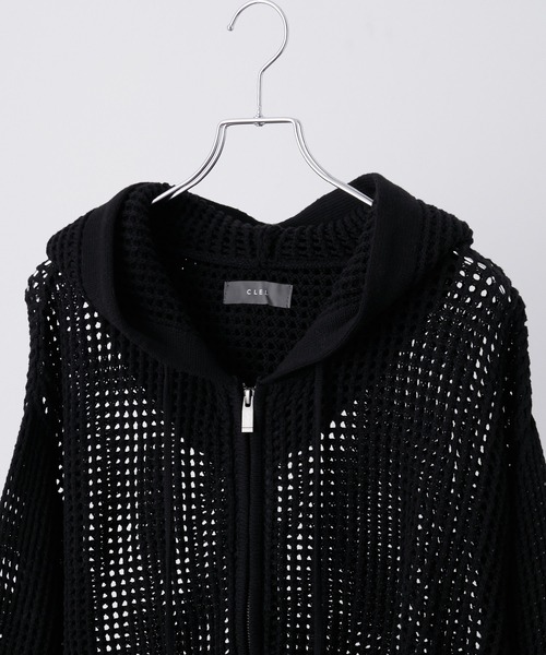 CLEL　透かし編み メッシュジップパーカー　Mサイズ　ブラック CLEL】Watermark Knitting Mesh Zip Parka/透かし編み メッシュ