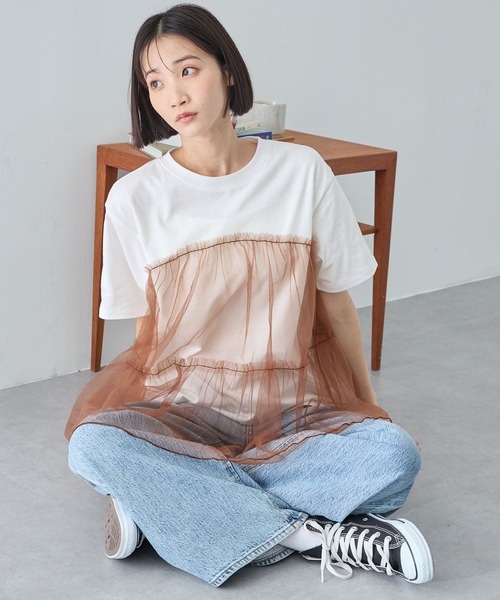 MONO-MART（モノマート）の「チュールティアードビスチェドッキング半袖Tシャツ（Tシャツ/カットソー・レディース・ブラック/オフホワイト/スミクロ/ホワイト系/ホワイト系1・FREE）」の2枚目の写真