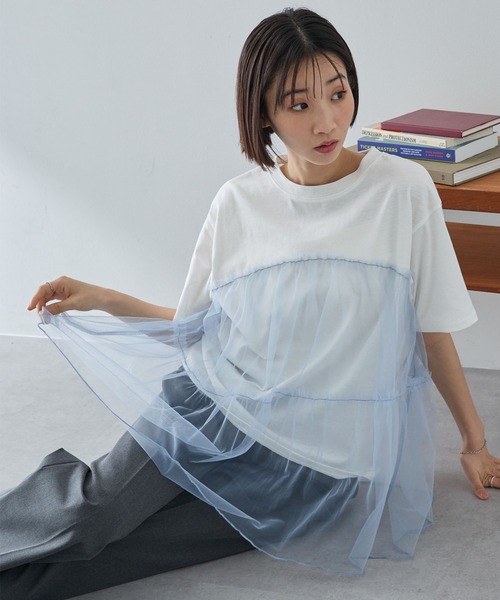 MONO-MART（モノマート）の「チュールティアードビスチェドッキング半袖Tシャツ（Tシャツ/カットソー・レディース・ブラック/オフホワイト/スミクロ/ホワイト系/ホワイト系1・FREE）」の3枚目の写真