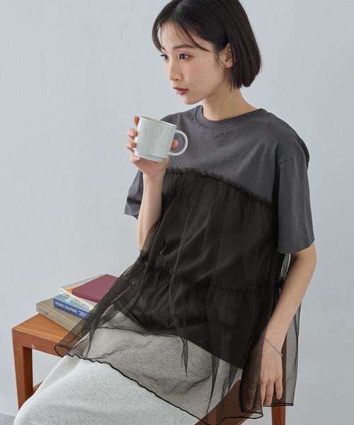 MONO-MART（モノマート）の「チュールティアードビスチェドッキング半袖Tシャツ（Tシャツ/カットソー・レディース・ブラック/オフホワイト/スミクロ/ホワイト系/ホワイト系1・FREE）」の5枚目の写真