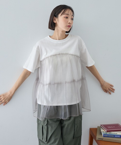 MONO-MART（モノマート）の「チュールティアードビスチェドッキング半袖Tシャツ（Tシャツ/カットソー・レディース・ブラック/オフホワイト/スミクロ/ホワイト系/ホワイト系1・FREE）」の6枚目の写真
